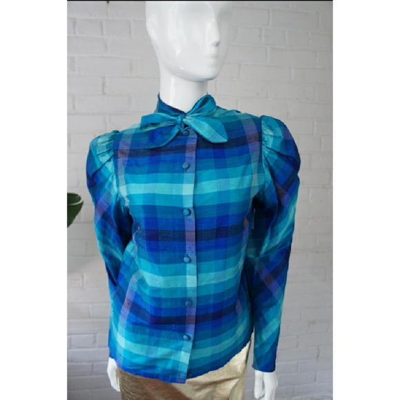 Vintage Plaid Silk Women's Top with Bow Detail - Picture 2 of 5